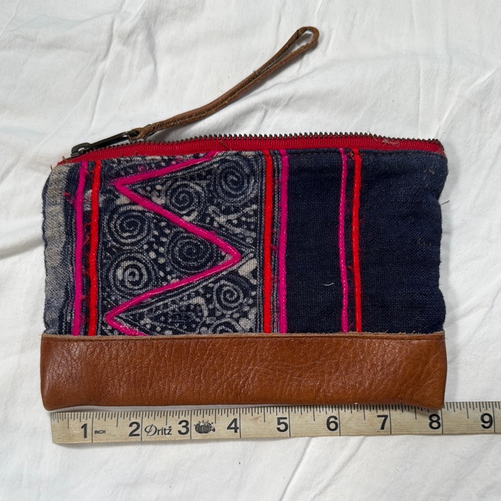 Boho Brown leather and denim Patterned Clutch